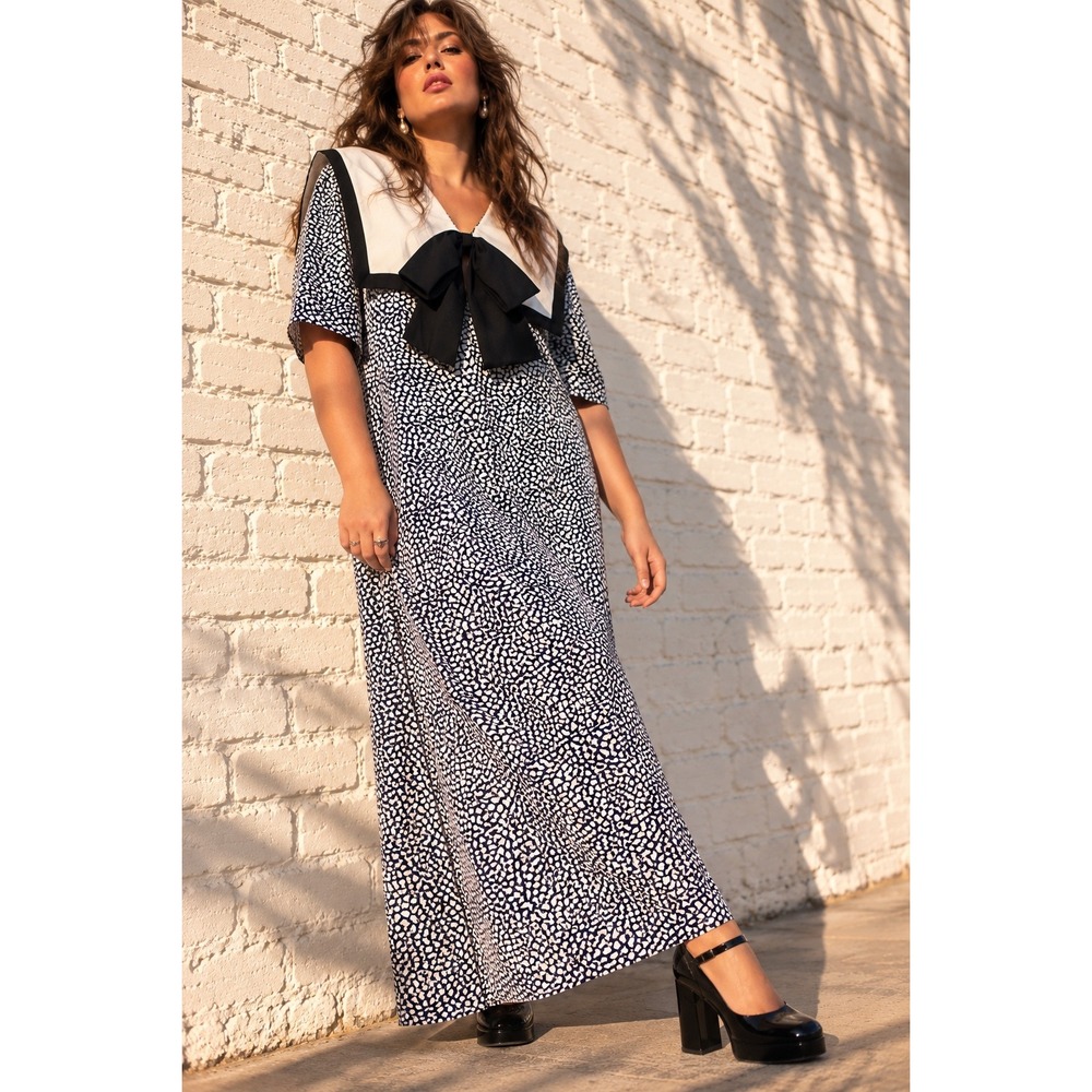 Vintage Albert Nipon Blue White Triacetate Sailor Collar Bow Maxi Dress Size 14